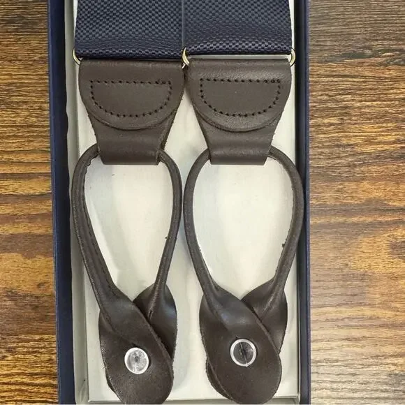 Brooks Brothers Men's Navy Strap on brown leathe Suspenders-One Size NEW